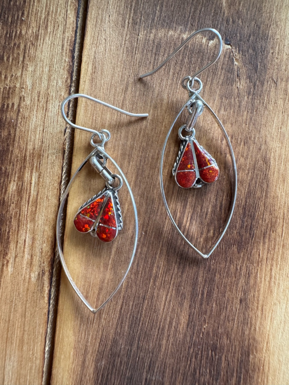 Zuni Sterling Silver Earrings with Red Fire Opal Heart Drops